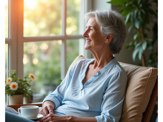 A serene mature woman practicing mindful meditation in a natural setting