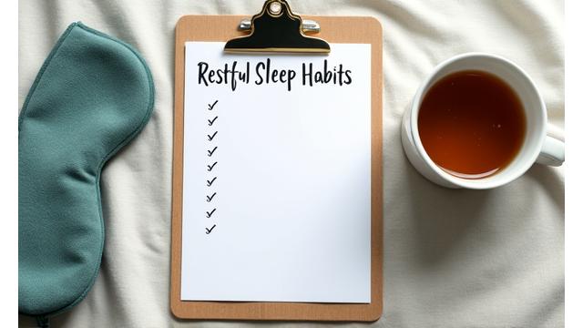 Clipboard with a checklist for sleep improvement, next to a relaxing cup of tea.