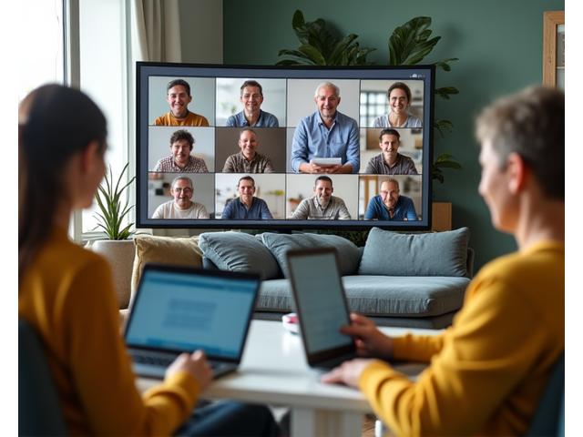 Diverse group of adults 35+ laughing and engaging in a supportive online community, embodying collective wellness.