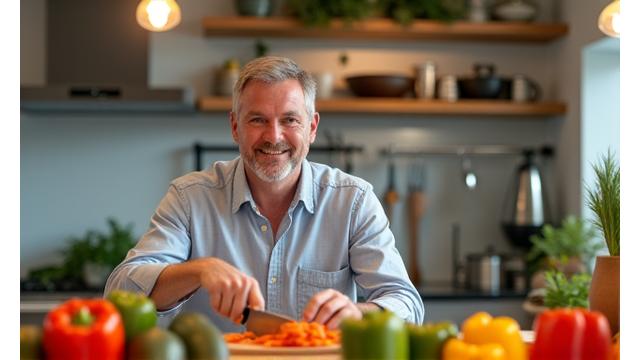 A smiling man preparing a healthy meal in a modern kitchen