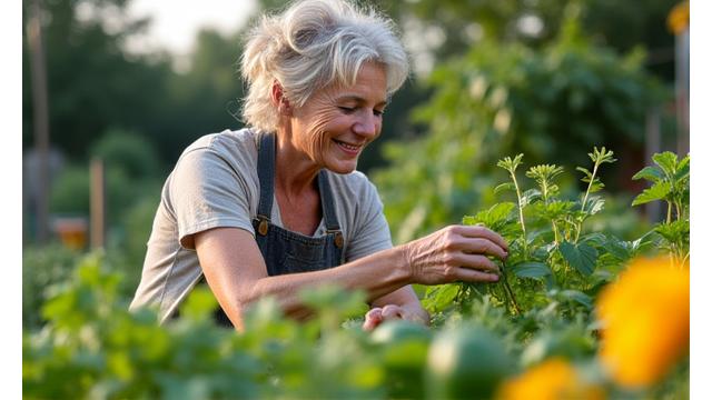 A woman tending to her vibrant vegetable garden