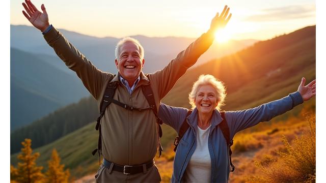 A joyful couple hiking on a mountain trail