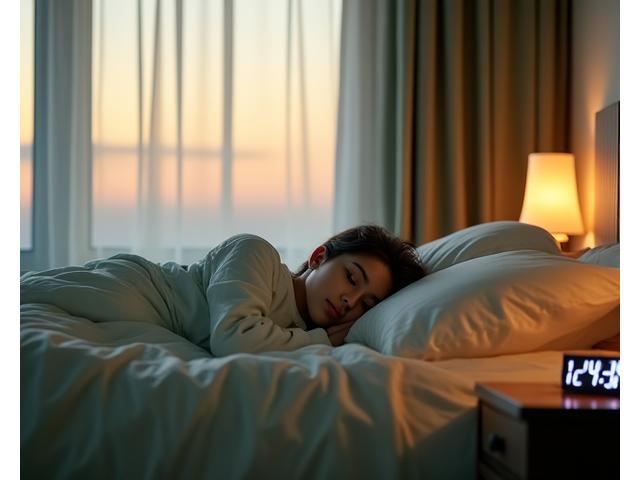Peaceful bedroom scene with soft lighting and a person sleeping soundly.