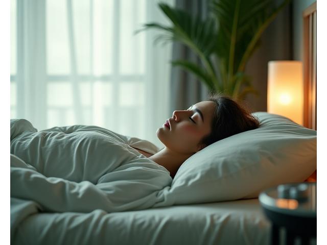 Calm adult sleeping peacefully in a modern, serene bedroom, showcasing restorative sleep