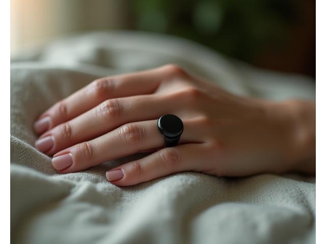 Close-up of an Oura Ring on a finger, with a blurred background suggesting comfort during sleep, highlighting its sleep and recovery tracking capabilities.